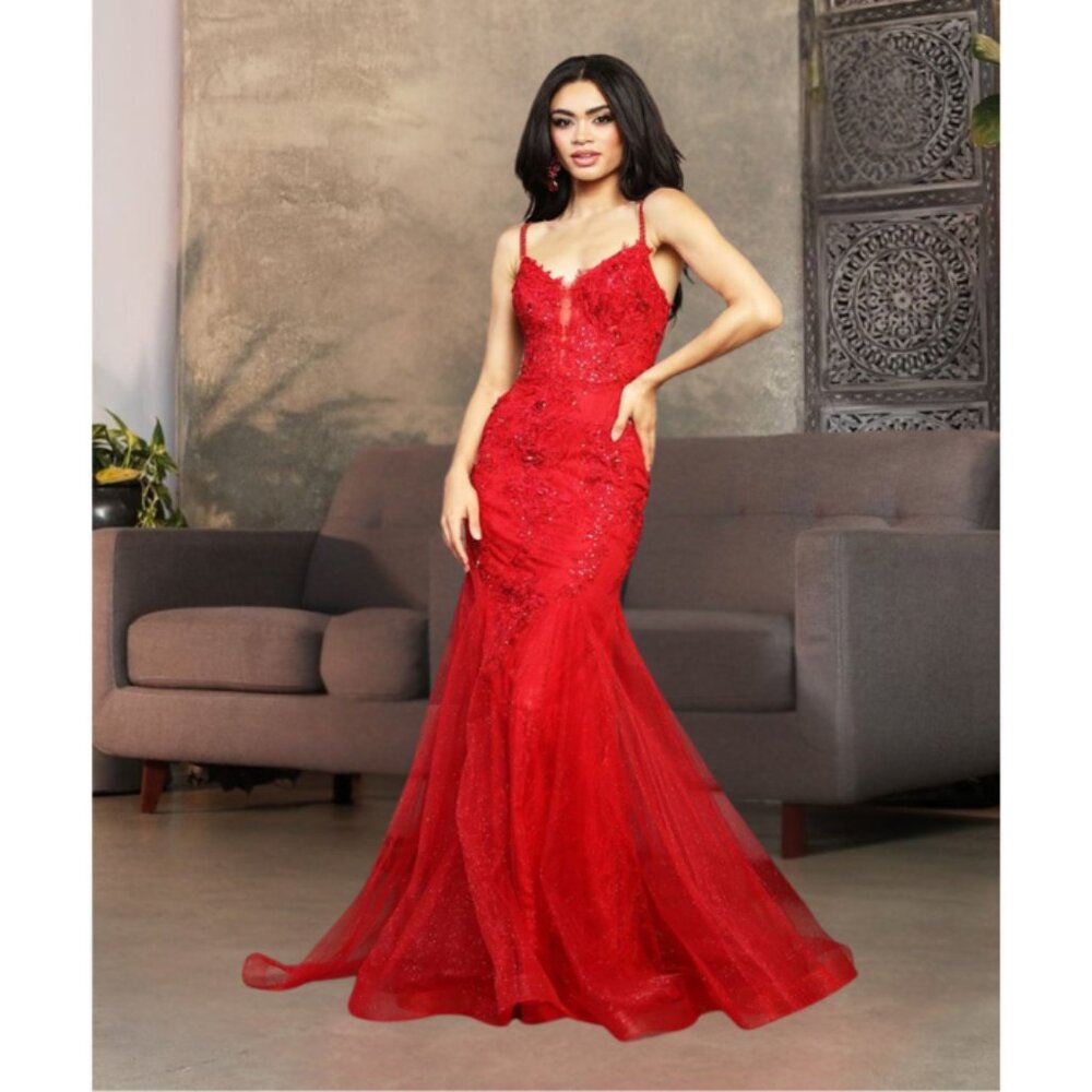 Red Evening Long  V-Neck Sleeveless Trumpet Dress By Royal Queen RQ8039